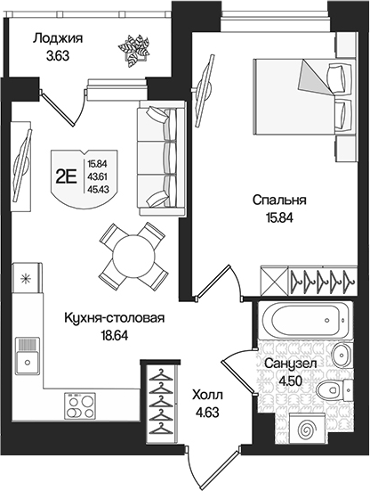 Планировка — Охтинские высоты, 2-комн., 44 м²