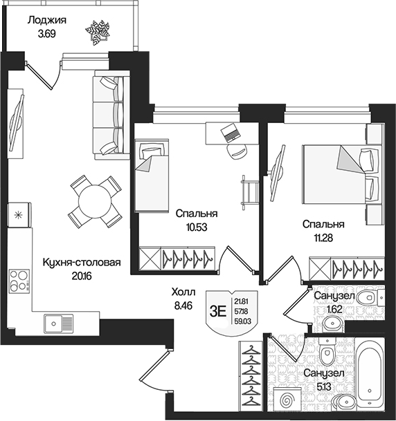Планировка — Охтинские высоты, 3-комн., 57 м²