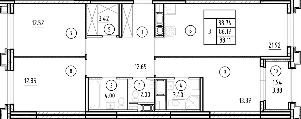Планировка — Ассамблея, 4-комн., 86 м²