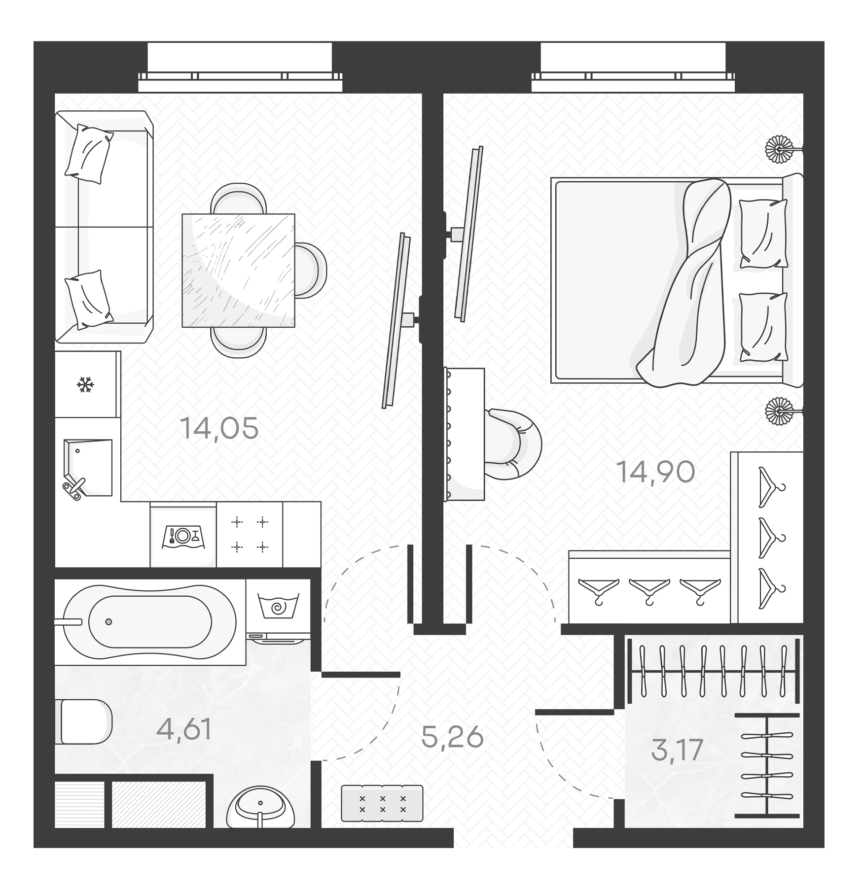 Планировка — Monodom Art, 1-комн., 42 м²