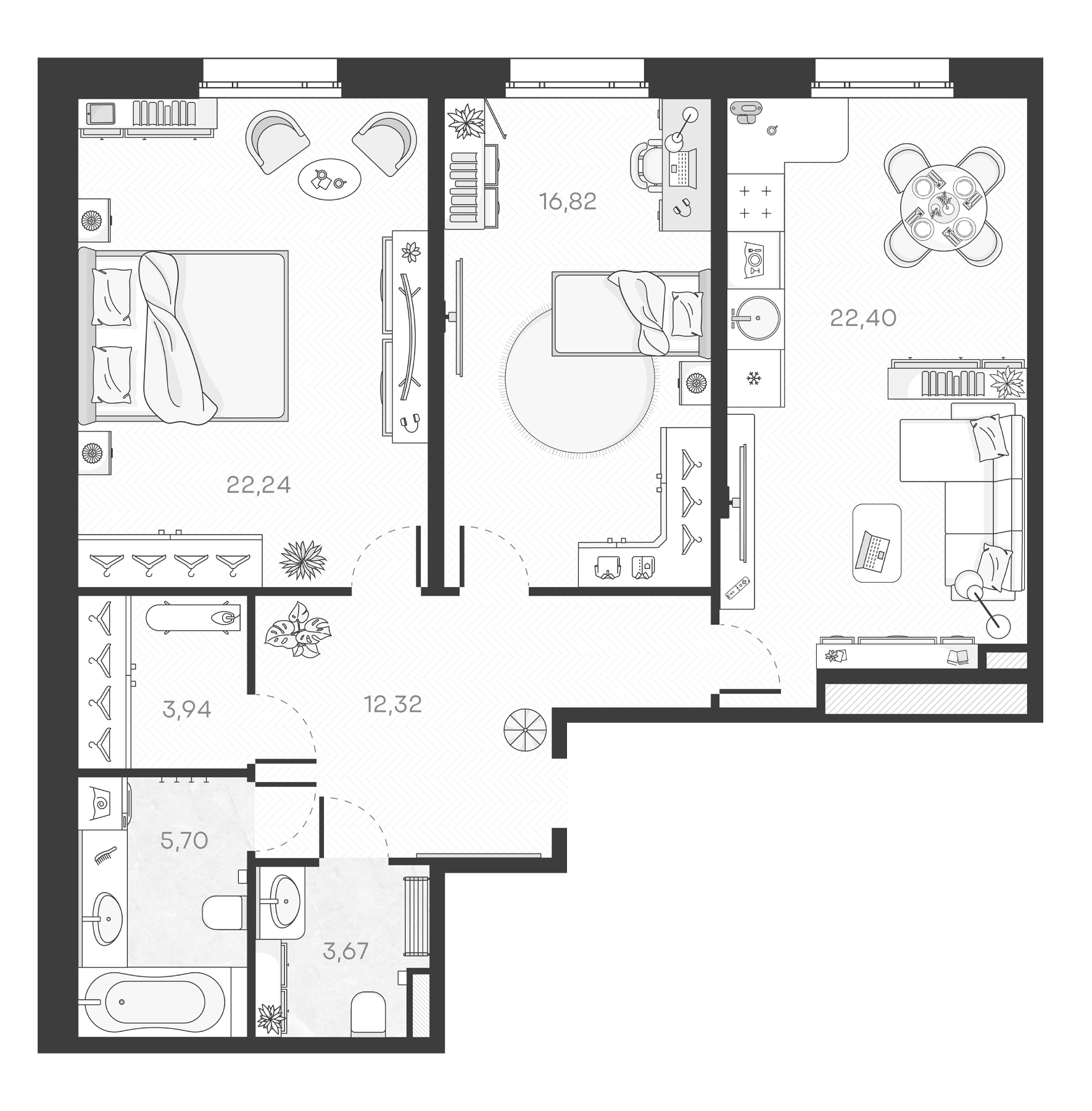 Планировка — Monodom Art, 3-комн., 87 м²