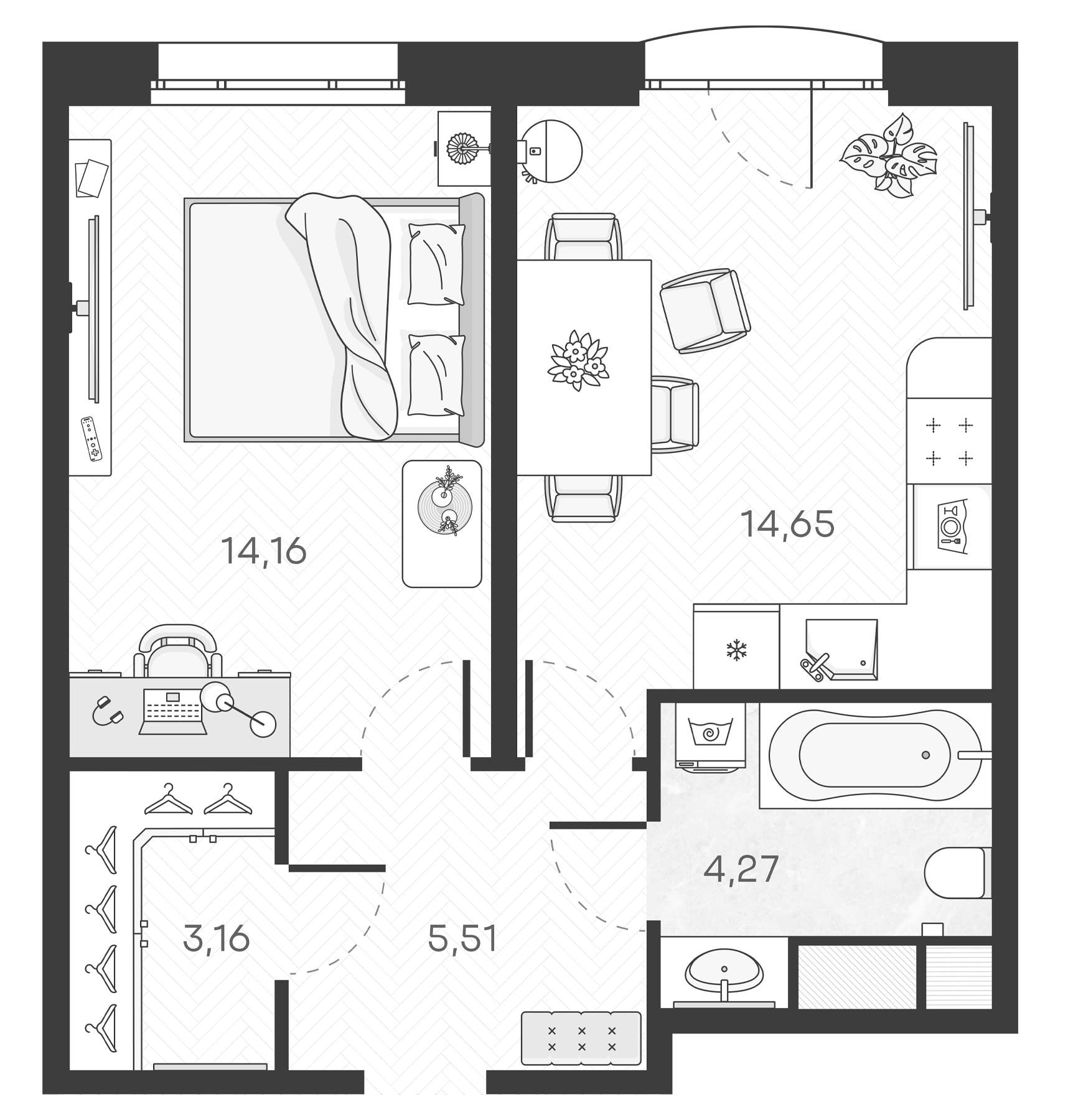 Планировка — Monodom Art, 1-комн., 42 м²