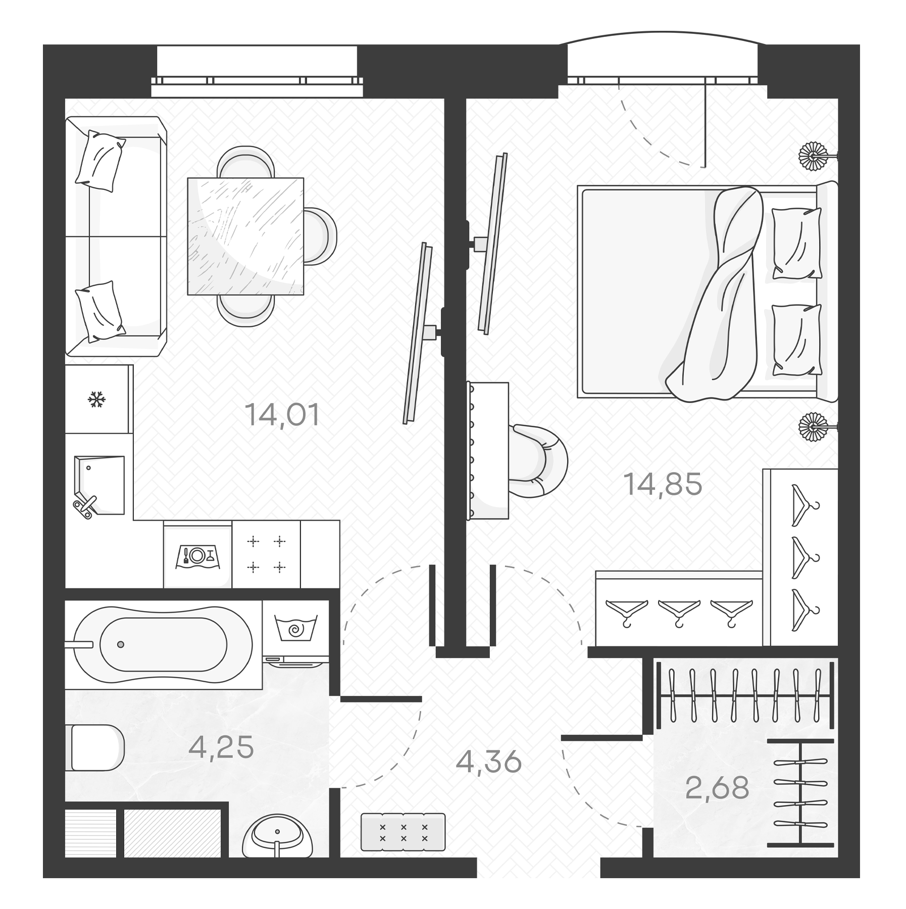 Планировка — Monodom Art, 1-комн., 40 м²