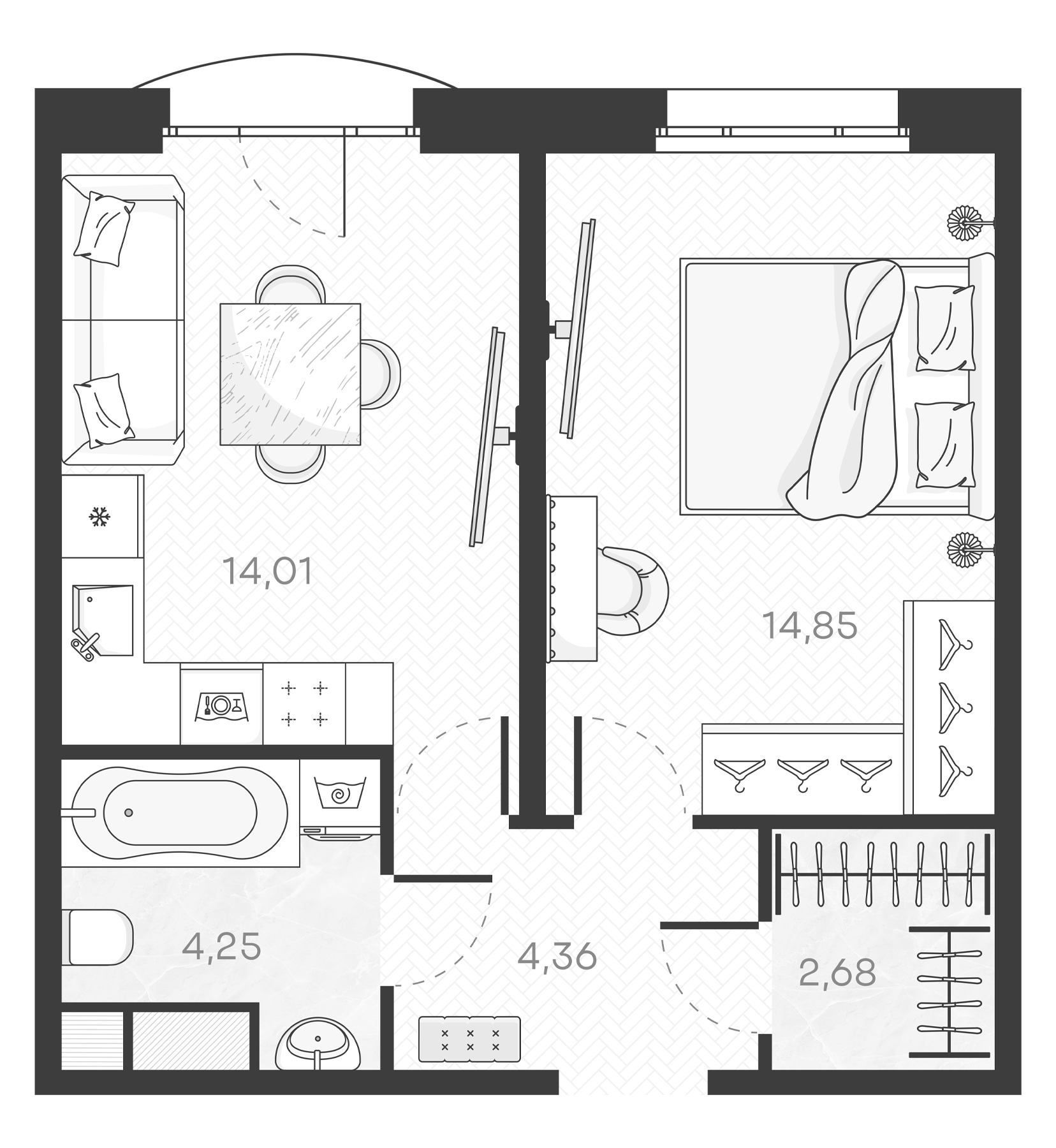 Планировка — Monodom Art, 1-комн., 40 м²