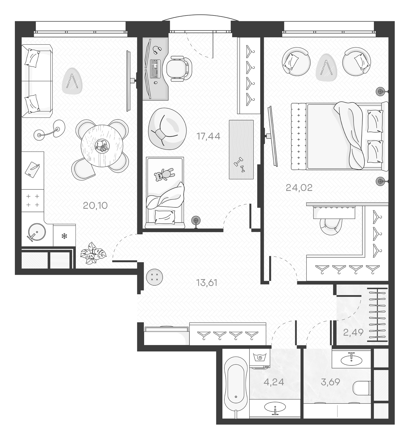 Планировка — Monodom Art, 3-комн., 86 м²