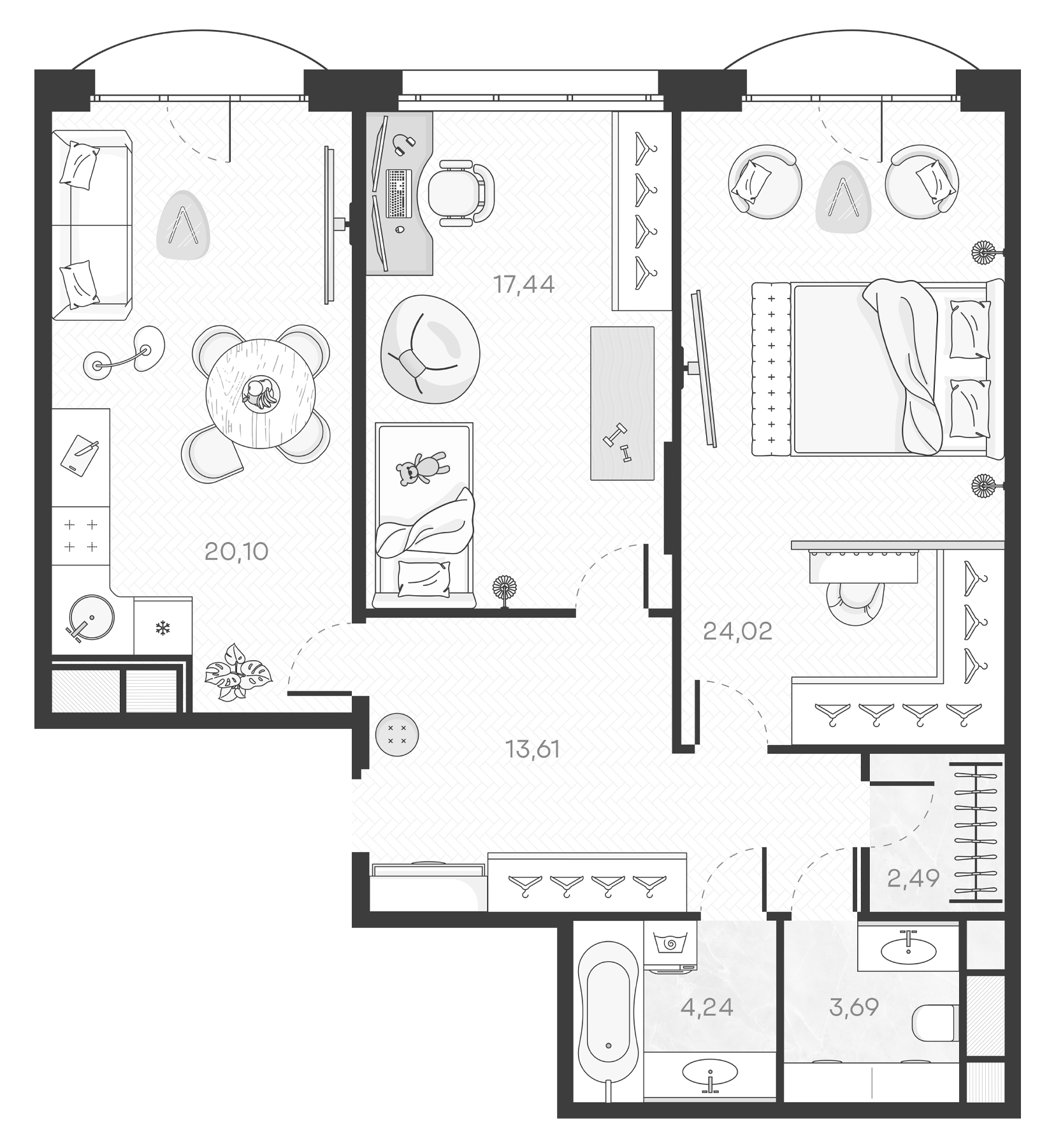 Планировка — Monodom Art, 3-комн., 86 м²