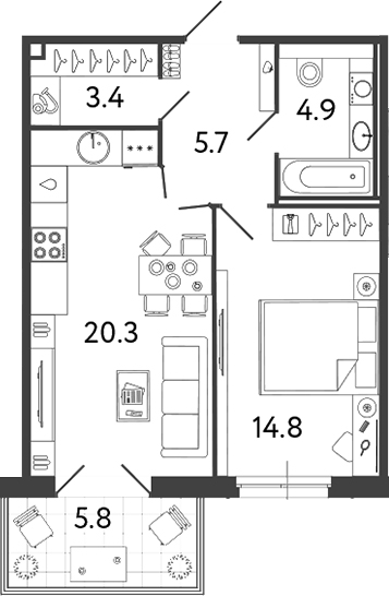 Планировка — Репин, 2-комн., 49 м²