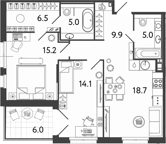 Планировка — Репин, 3-комн., 74 м²