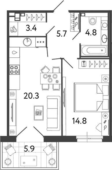 Планировка — Репин, 2-комн., 49 м²