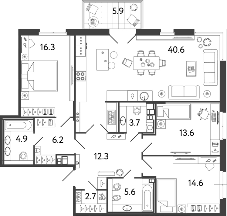 Планировка — Репин, 4-комн., 121 м²