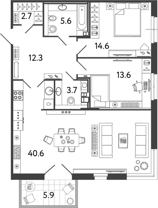 Планировка — Репин, 3-комн., 93 м²