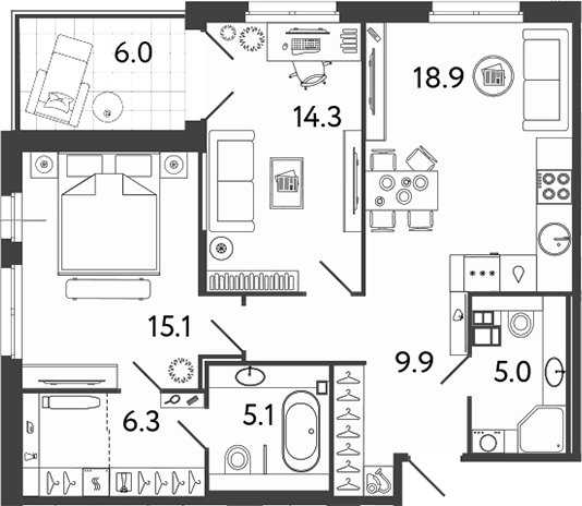 Планировка — Репин, 3-комн., 75 м²