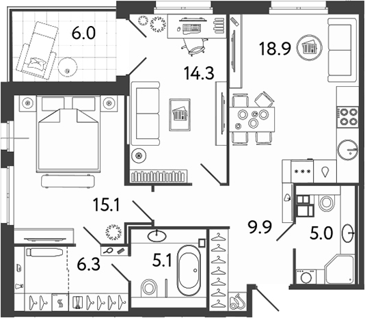 Планировка — Репин, 3-комн., 75 м²