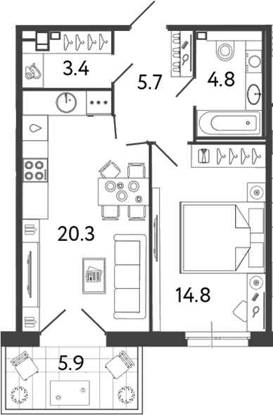 Планировка — Репин, 2-комн., 49 м²