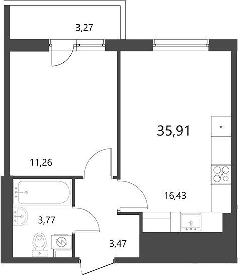 Планировка — Лето, 2-комн., 35 м²