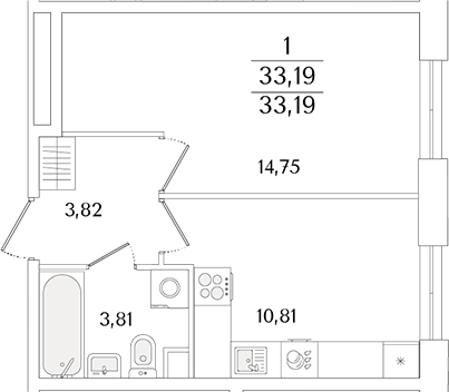 Планировка — Кинопарк, 1-комн., 33 м²