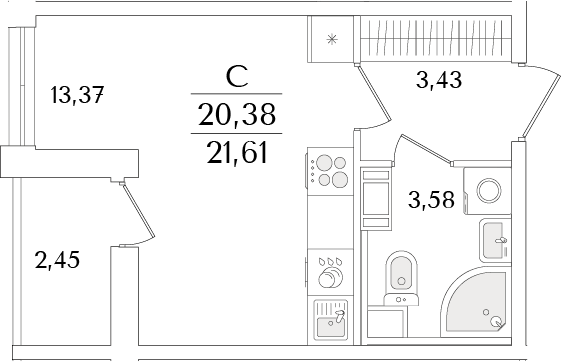 Планировка — Кинопарк, Студия, 20 м²
