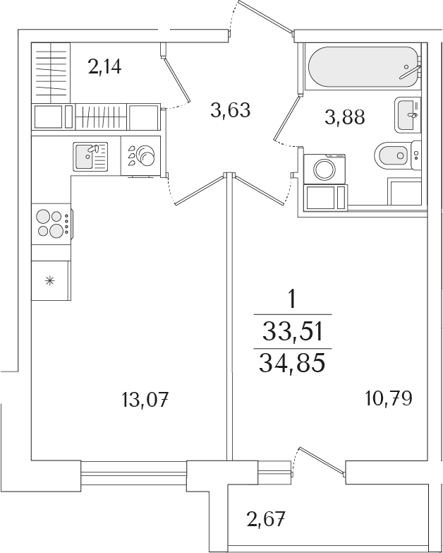 Планировка — Кинопарк, 1-комн., 34 м²