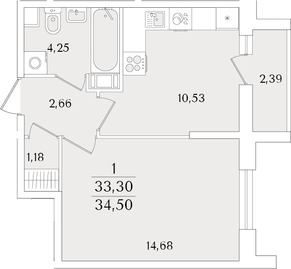 Планировка — Кинопарк, 1-комн., 33 м²