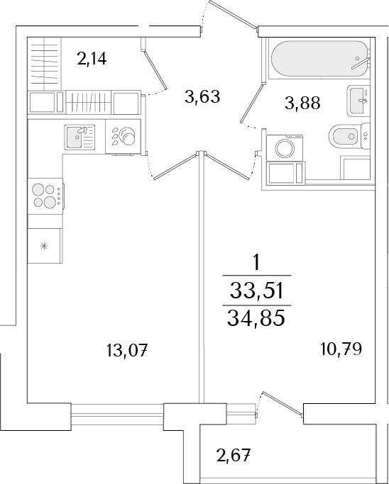Планировка — Кинопарк, 1-комн., 34 м²