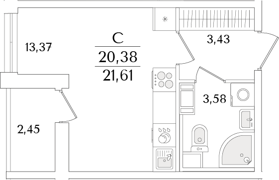 Планировка — Кинопарк, Студия, 20 м²