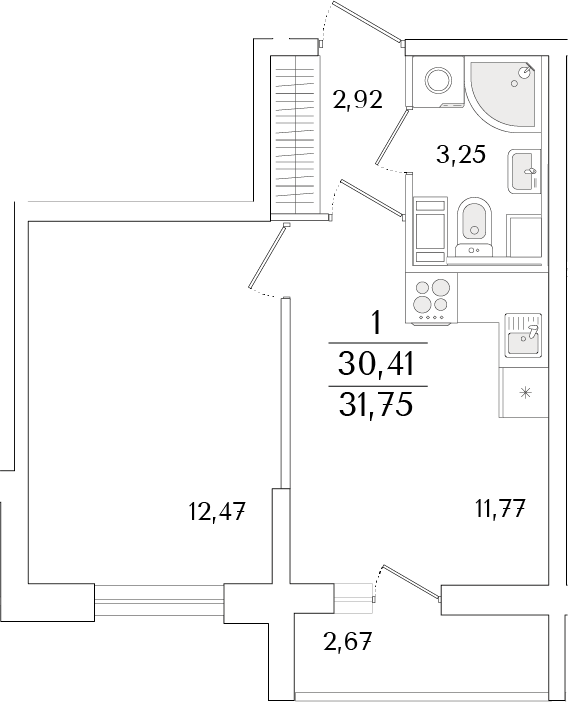Планировка — Кинопарк, 1-комн., 30 м²