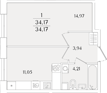 Планировка — Кинопарк, 1-комн., 34 м²