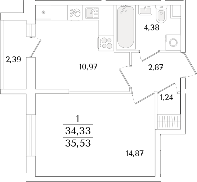 Планировка — Кинопарк, 1-комн., 34 м²