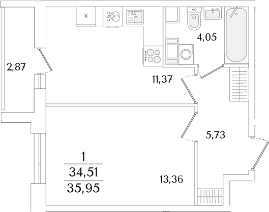 Планировка — Кинопарк, 1-комн., 35 м²