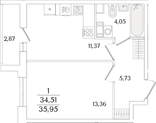 Планировка — Кинопарк, 1-комн., 35 м²