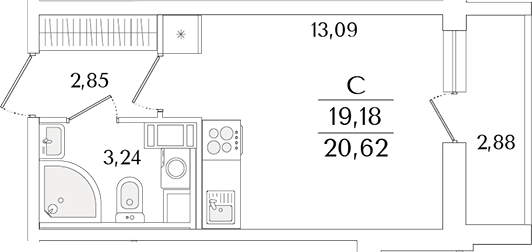 Планировка — Кинопарк, Студия, 19 м²