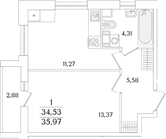 Планировка — Кинопарк, 1-комн., 35 м²