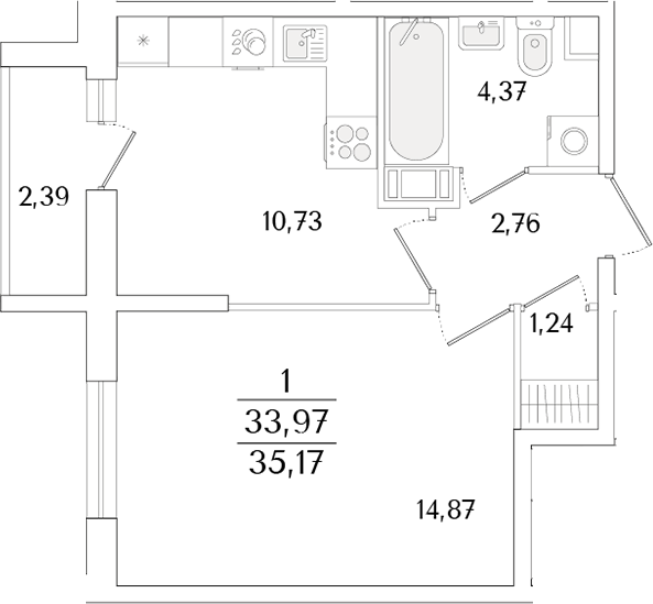 Планировка — Кинопарк, 1-комн., 34 м²