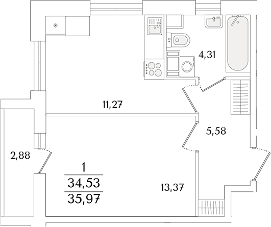 Планировка — Кинопарк, 1-комн., 35 м²
