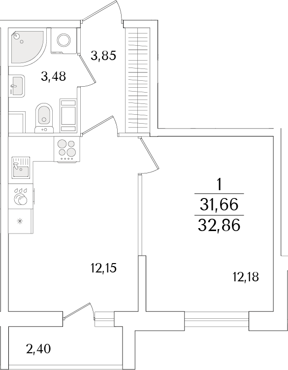 Планировка — Кинопарк, 1-комн., 32 м²