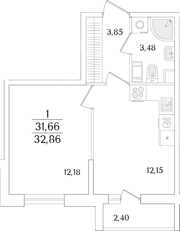 Планировка — Кинопарк, 1-комн., 32 м²