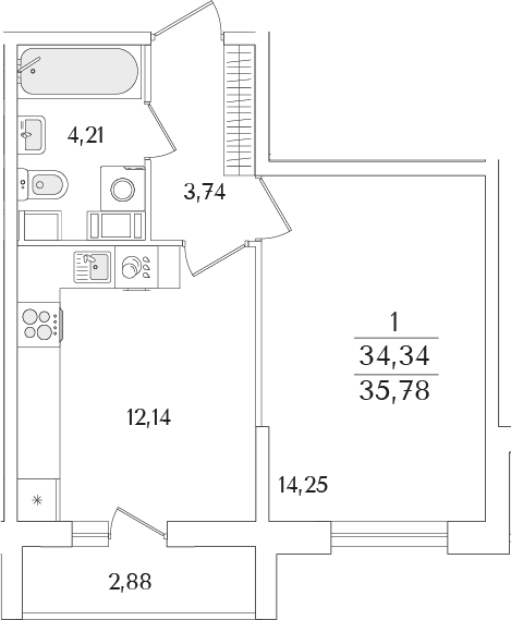 Планировка — Кинопарк, 1-комн., 34 м²