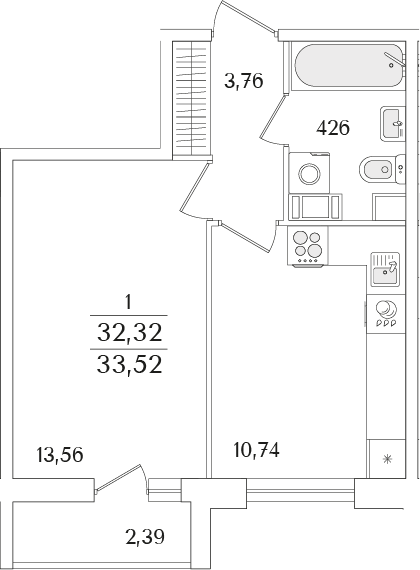 Планировка — Кинопарк, 1-комн., 32 м²
