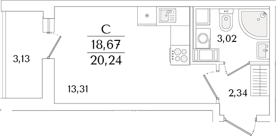 Планировка — Кинопарк, Студия, 19 м²