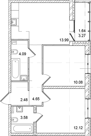 Планировка — ID Kudrovo II, 3-комн., 51 м²