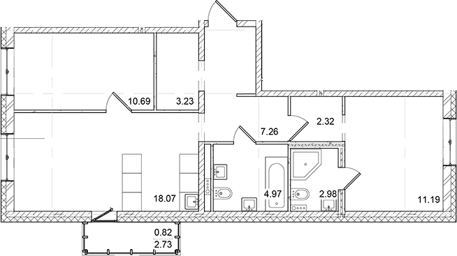 Планировка — ID Kudrovo II, 3-комн., 63 м²
