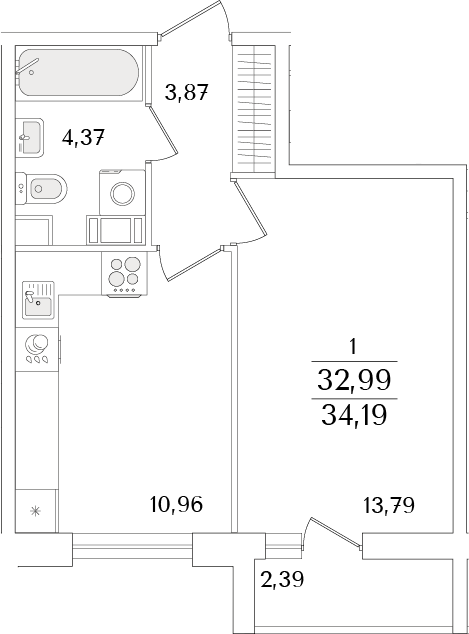 Планировка — Кинопарк, 1-комн., 33 м²