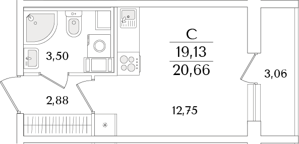 Планировка — Кинопарк, Студия, 19 м²