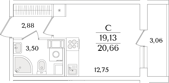 Планировка — Кинопарк, Студия, 19 м²