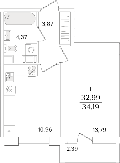 Планировка — Кинопарк, 1-комн., 33 м²