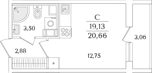 Планировка — Кинопарк, Студия, 19 м²