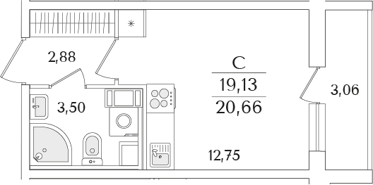 Планировка — Кинопарк, Студия, 19 м²