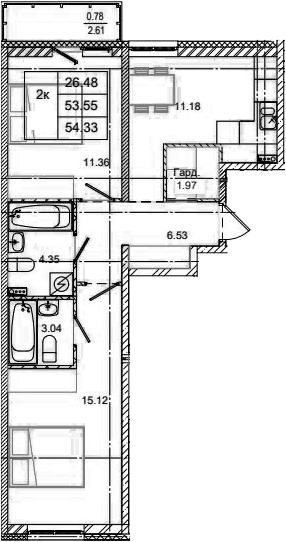 Планировка — ID Kudrovo II, 2-комн., 54 м²