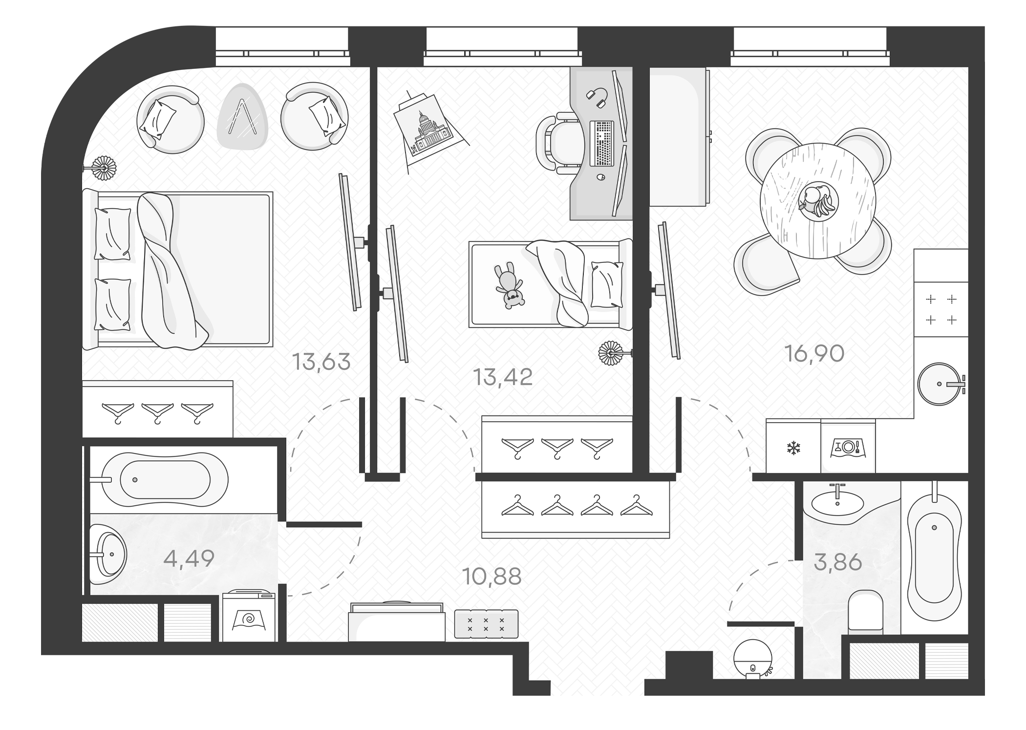 Планировка — Monodom Art, 3-комн., 63 м²