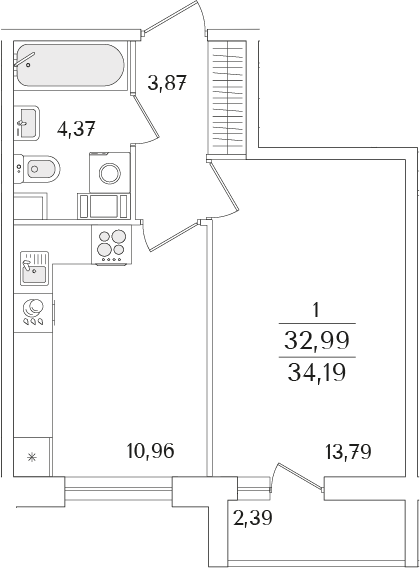 Планировка — Кинопарк, 1-комн., 33 м²